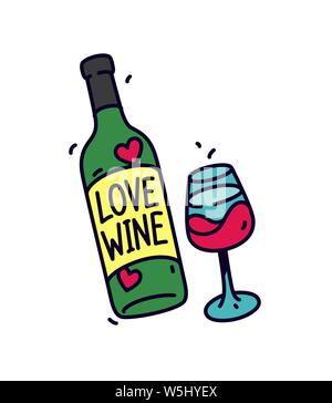 Illustration of a bottle of wine and a glass. Vector. Sticker or badge for wine lovers. The inscription on the bottle: Love wine. Logo for the store a Stock Vector