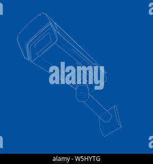 Outline CCTV camera. Security camera. Vector rendering of 3d. Wire-frame style. The layers of visible and invisible lines are separated Stock Vector