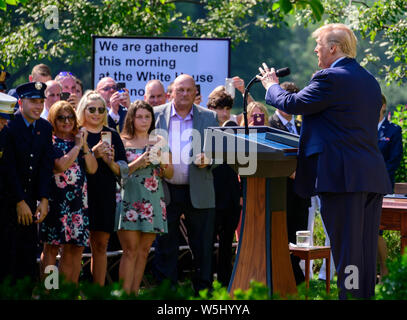 United States President Donald J. Trump arrives to sign H.R. 1327, an act to permanently authorize the September 11th victim compensation fund, in the Rose Garden of the White House in Washington, DC on Monday, July 29, 2019. Credit: Ron Sachs/Pool via CNP /MediaPunch Stock Photo