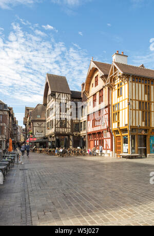 Medieval houses with restaurants and cafés on Rue Champeaux at the old town of Troyes, Champagne region, France Stock Photo