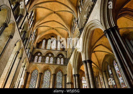 North Transept vaulted ceiling with pillars and arches and stained glass windows  of medieval Salisbury Cathedral Salisbury England Stock Photo