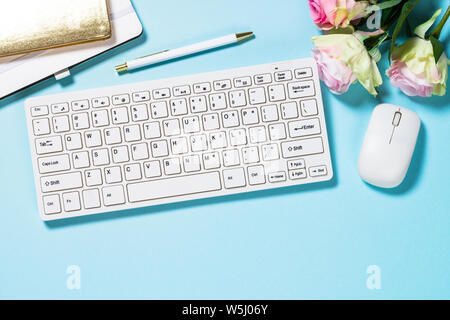 Office flat lay background on blue. Stock Photo