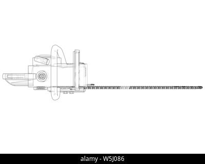 Chain saw. Vector rendering of 3d. Wire-frame style. The layers of visible and invisible lines are separated Stock Vector