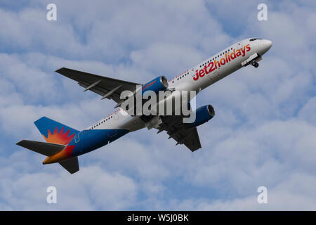 A Jet2 Boeing 737-200 takes off from Manchester International Airport (Editorial use only) Stock Photo