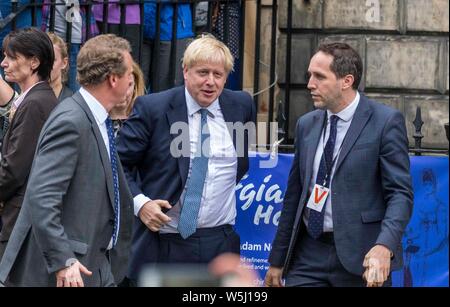 Edinburgh, UK. 29th July, 2019. Prime Minister and Conservative Leader, Boris Johnson visits Bute House to meet First Minister of Scotland, Nicola Sturgeon. Earlier in the day, Johnson announced £300m of funding for projects to boost the economy in Scotland, Wales and Northern Ireland. Pictured: Boris Johnson arrives at Bute House Credit: Rich Dyson/Alamy Live News Stock Photo