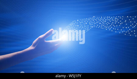 Robotic Cooperation. Touching Fingers of Real and Digital Man Stock Photo