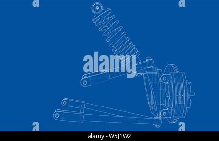 Car suspension with shock absorber. Vector rendering of 3d. Wire-frame style. The layers of visible and invisible lines are separated Stock Vector