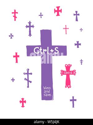 Orthodox, Catholic, Celtic and other crosses. Vector. The inscription Save and save in the keyboard layout, the metaphor. Pattern of crosses. Cartoon Stock Vector
