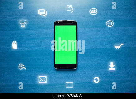 Flat lay Image showing concept of social media, Internet and Communication with Icons Stock Photo