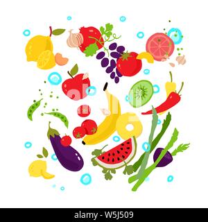 Illustrations of vegetables and fruits. Vector. Pattern from eco products. Icons for a menu of smoothies bar or vegetarian cafe. Flat style, all eleme Stock Vector