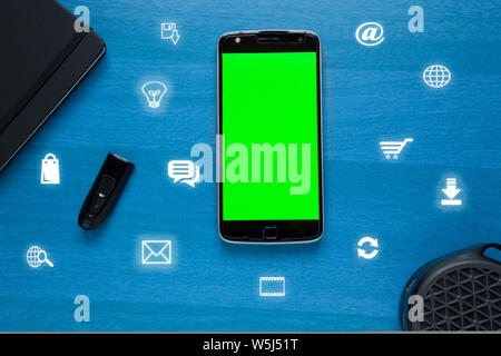 Flat lay Image showing concept of social media, Internet and Communication with Icons Stock Photo