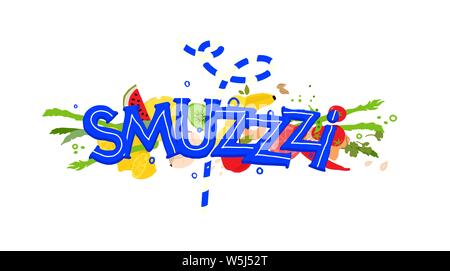 Illustration of the inscription Smoothie. Vector. Fruits, vegetables around Smoothie inscription. The game of words, a mistake in the word made specif Stock Vector