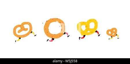 Illustration of running bagels. Running pretzel with friends. Vector. Crunchy characters with legs. Icons for sites. Sign, logo for the store. Deliver Stock Vector