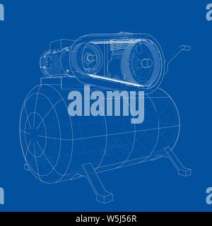 Outline Air compressor. Vector rendering of 3d. Wire-frame style. The layers of visible and invisible lines are separated Stock Vector