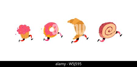 Illustration of running cake, donut, croissant and roll. Vector. Icons for the site on a white background. Signs, logo for the store. Delivery of fres Stock Vector