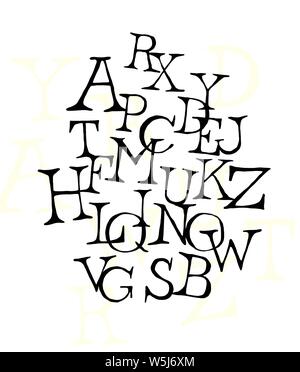 Set of letters of the English font. Vector. Alphabet of latin letters. The style is free, arbitrary, inscription of characters by hand. Something like Stock Vector