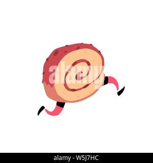 Illustration of a running roll. Vector. Sweet character with legs. Icon for site on white background. Sign, logo for the store. Delivery of fresh bake Stock Vector