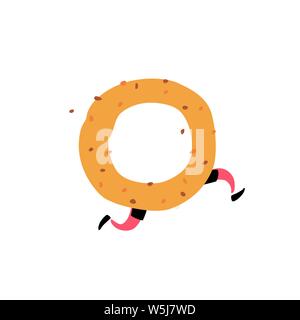 Illustration of a tasty bagel. Vector. Character with legs. Icon for site on white background. Sign, logo for the store. Delivery of fresh bakery and Stock Vector