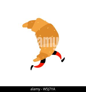 Illustration of a running croissant. Vector. Sweet character with legs. Icon for site on white background. Sign, logo for the store. Delivery of fresh Stock Vector