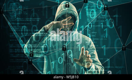 Man hacker binary code and locked padlocks Stock Photo