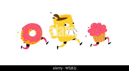 Illustration of running snacks. Vector. Characters cup of coffee, donut, muffin. Icons for the site on a white background. Sign, logo for a shop Stock Vector