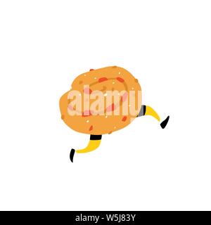 Illustration of a tasty bun with raisins. Vector. Sweet character with legs. Icon for site on white background. Sign, logo for the store. Delivery of Stock Vector