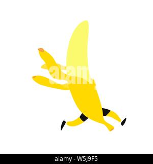 Illustration of a running banana. Vector. Icon of tasty yellow fruit. Flat cartoon style. Stock Vector