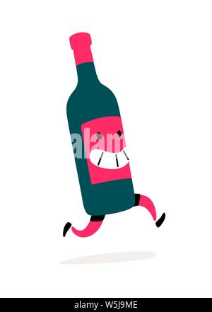 Illustration of a running bottle of wine. Vector. Character bottle with wine or liquor. Icon for site on white background. Sign, logo for the store al Stock Vector