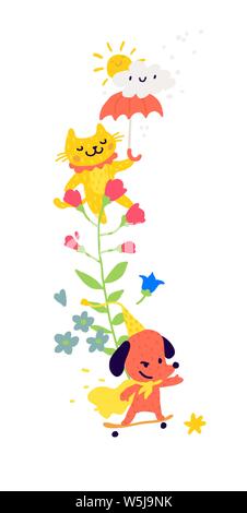 Illustration of a cat with an umbrella and dogs on a skateboard. Vector. Animals among the flowers. Children's cartoon, doodle style. Illustration for Stock Vector