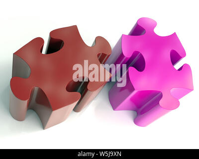 3D render of two color block jigsaw puzzle pieces on white Stock Photo