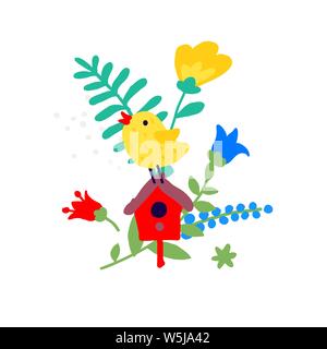 Illustration of a bird on a birdhouse among the lights. Vector. Ikebana bouquet. Children's cartoon, doodle style. Illustration for kindergarten or cl Stock Vector