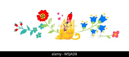 Illustration of a yellow cat in a red cap with an ice cream. Vector. Children's cartoon, doodle style. Illustration for postcard or congratulations. I Stock Vector