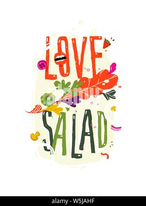 Illustration with the inscription love salad. Vector. Pattern from eco products. Image for a smoothie bar menu or a vegetarian cafe. Flat style, all e Stock Vector