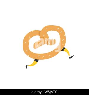 Illustration of a running bagel. Running pretzels. Vector. Crunchy character with legs. Icon for the site. Sign, logo for the store. Delivery of fresh Stock Vector