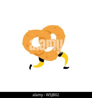 Illustration of a running bagel. Running pretzels. Vector. Crunchy character with legs. Icon for the site. Sign, logo for the store. Delivery of fresh Stock Vector
