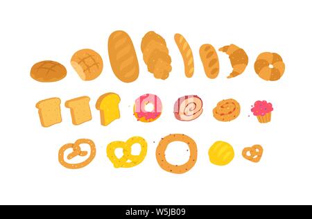 Illustration of baked goods. Vector. Icons for the site. Delivery of fresh bakery and confectionery. Signs, logo for the store and packaging. Deliciou Stock Vector