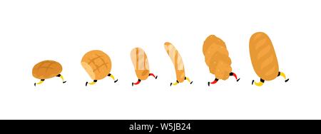 Illustration of running bread. Vector. Rolls, loaf and baguette. Icons for the site on a white background. Signs, logo for the store. Delivery of fres Stock Vector