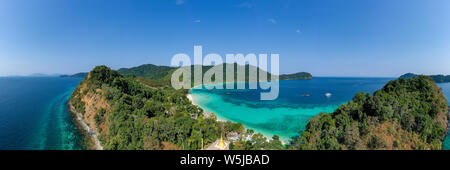 Panoramic aerial view of a small Moken fishing village on a remote tropical island in the Mergui Archipelago Stock Photo