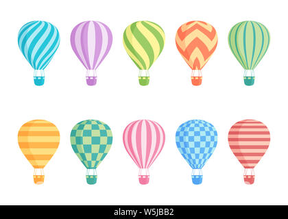 Hot air balloon isolated colorful set. Collection of colourful balloons with patterns zig zags, wavy lines, striped or checkered with basket and hot a Stock Photo