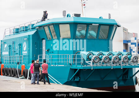 Feeding barge for the fish farming industry by Norwegian company, Steinvik. Stock Photo