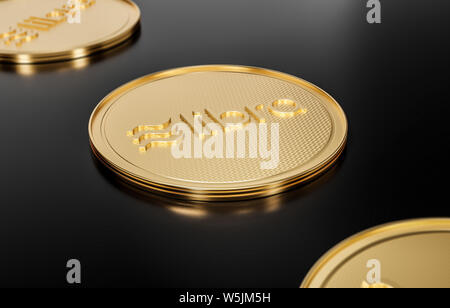 Concept of golden Libra coins with logo on front placed on black polished surface. New project of digital crypto currency payment.  3D render Stock Photo
