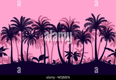 Horizontal Seamless Pattern, Summer Tropical Forest, Evening or Morning Tile Landscape with Exotic Palms Trees and Grass Black Silhouettes on Pink Background. Vector Stock Vector