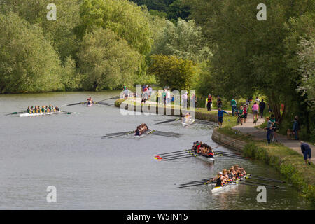 Rowing eights line up for the start of a race during Oxford Eights week. Stock Photo
