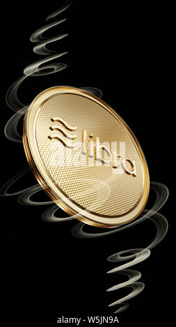 Concept of golden Libra coin with logo on front. New project of digital crypto currency payment.  3D render Coin placed on a black background. Stock Photo