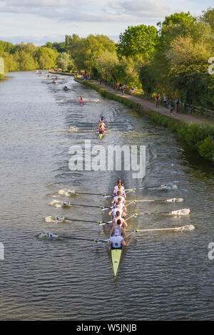 Competitors in the final of the men's Summer Eights set off at the start on the River Isis in Oxford during Eights Week Stock Photo