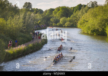 Competitors in the final of the men's Summer Eights set off at the start on the River Isis in Oxford. during Eights Week Stock Photo