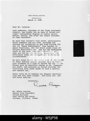 3/3/1986 letter from Ronald Reagan to Monte Lazurus (Senior Vice President, United Airlines); Scope and content:  Letter in which Reagan thanked United Airlines for the assistance which it gave to the Young Astronaut Program following the January 1986 space shuttle Challenger disaster. General notes:  Letter was drafted for Reagan's signature, at Reagan's request. Stock Photo