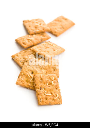 Salted crispy crackers isolated on white background. Stock Photo