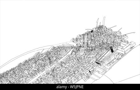 Outline city concept vector. Wire-frame style. The layers of visible and invisible lines. 3D illustration Stock Vector