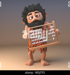 3d savage caveman in pelt holding prehistoric abacus, 3d illustration render Stock Photo